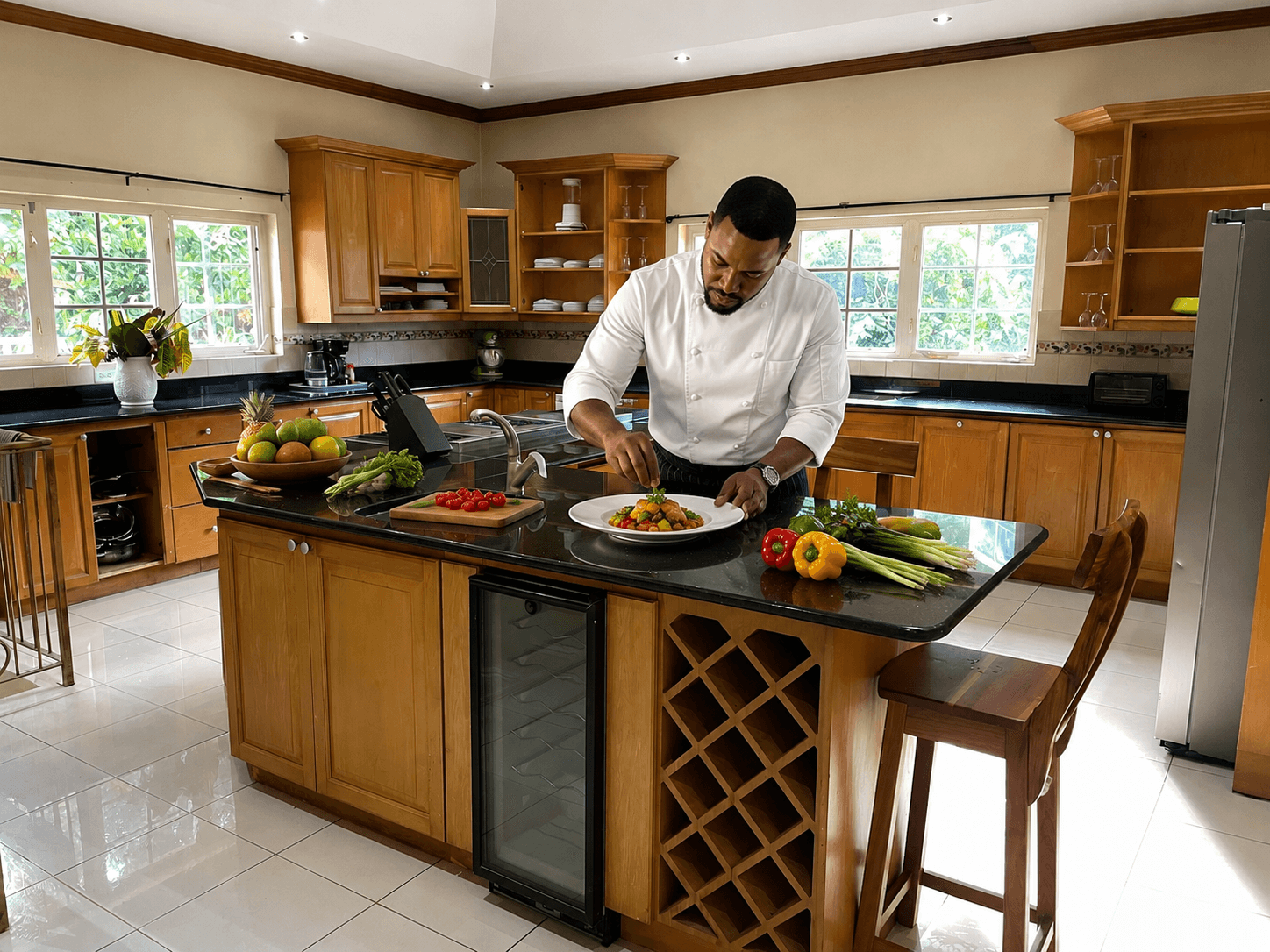 Sweet Dreams Villa chef plating a meal in the kitchen